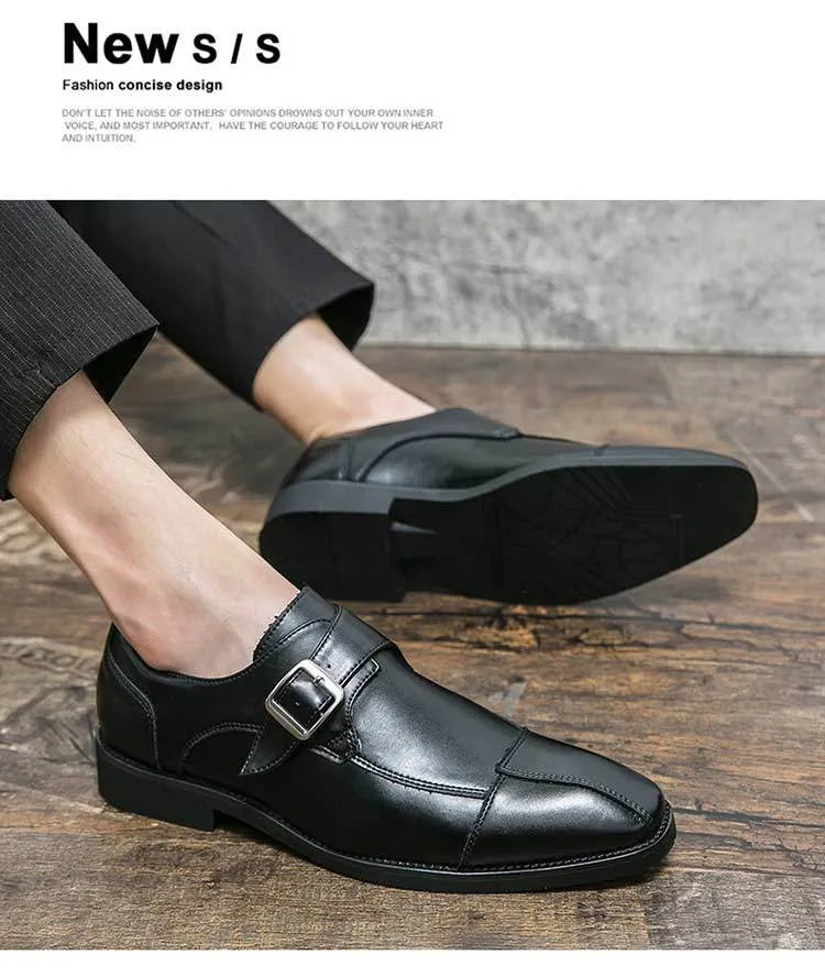 Men's brown blue retro leather shoes with buckle detail and tall crown height