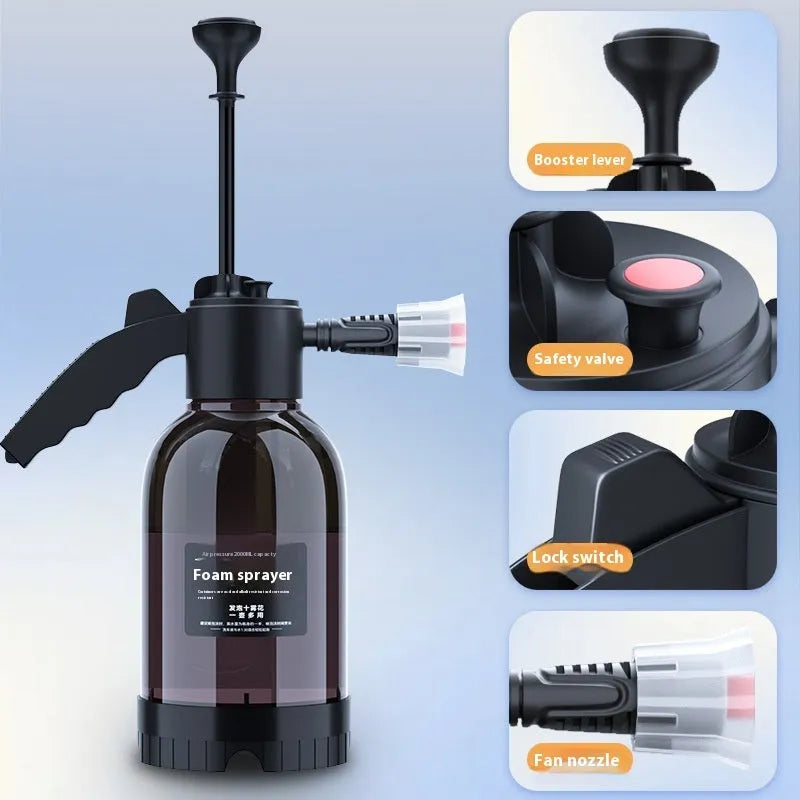 Black 2L foam watering can hand-held sprayer with switch lock and two nozzles for car washing and garden use