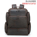 Dark brown genuine leather men's backpack showing 17-inch computer compartment and multiple interior pockets