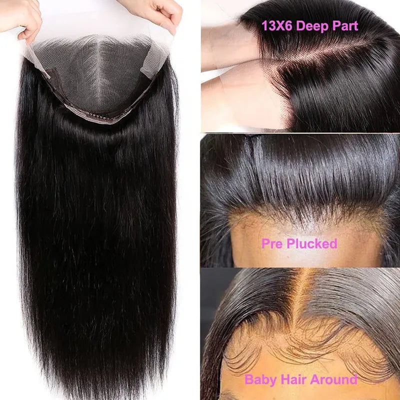 13x6 straight lace front human hair wig in black with natural hairline