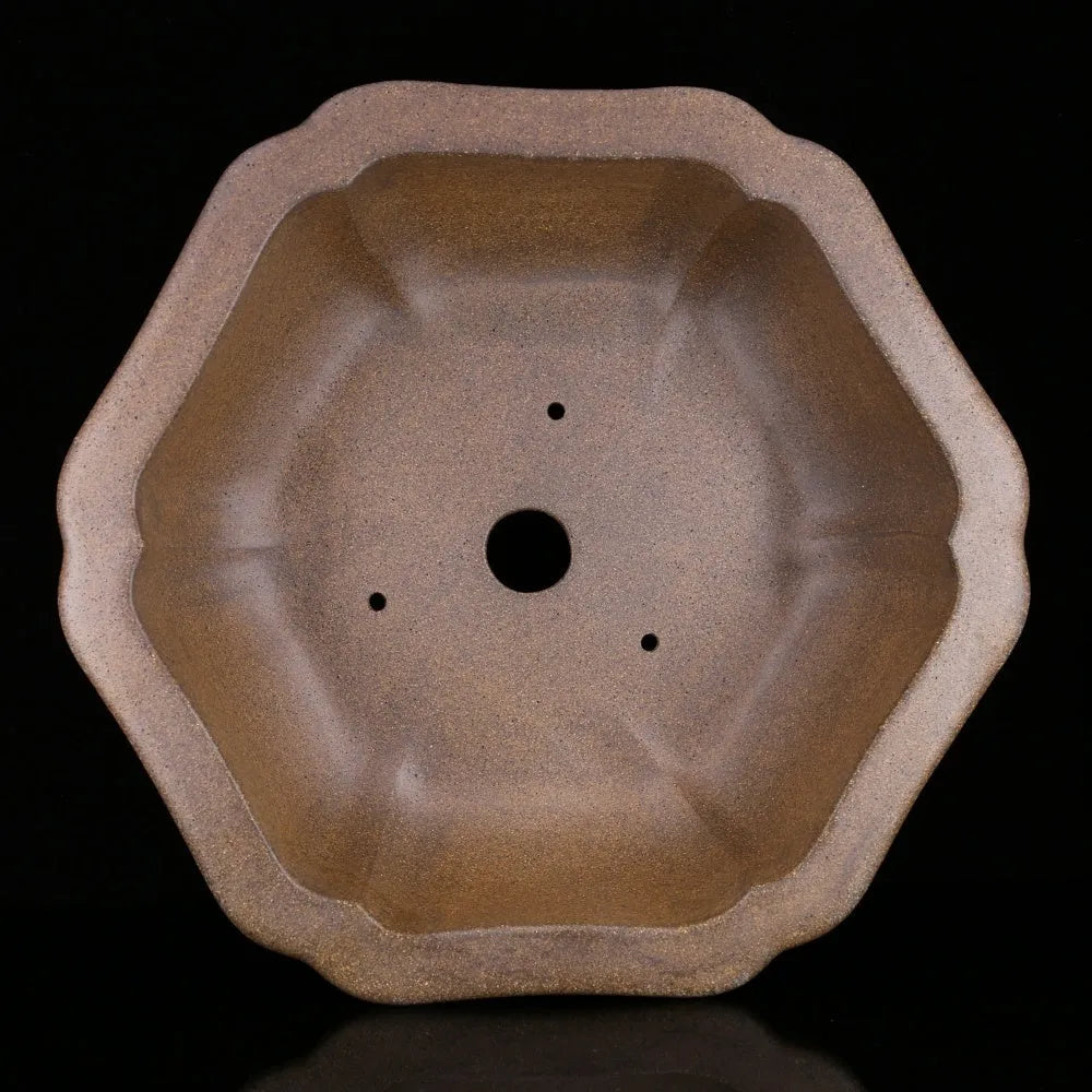 Large handmade purple sand bonsai pot in hexagonal or begonia shape for pine trees.