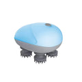 Blue handheld electric pet massager with four rotating heads on a white background.