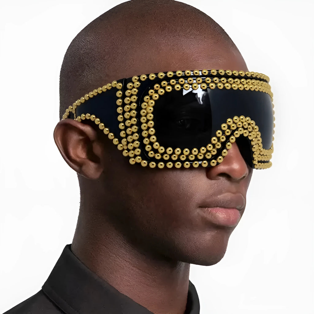 Men's large rim square rivet sunglasses in gold or silver colour with PC construction