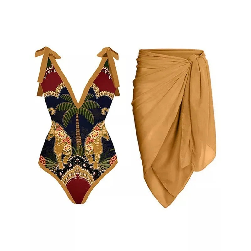 Women's solid colour one-piece swimsuit with spaghetti straps and an attached skirt