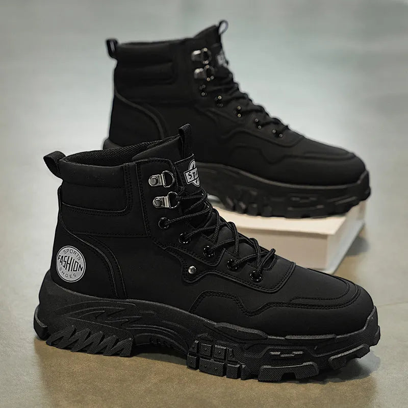 Men's black and yellow Martin work boots with a mid heel and high-top design