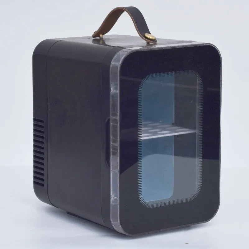 Pink mini refrigerator with transparent door showing 6L capacity and dual cooling/heating functions