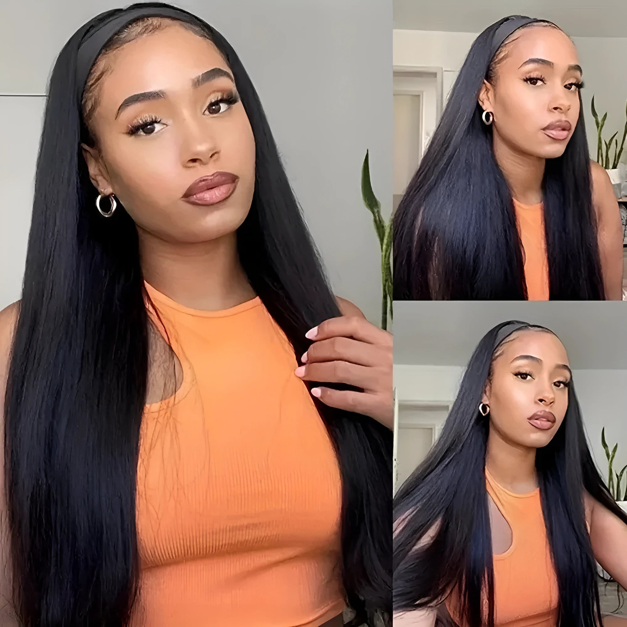 Long straight and curly synthetic headband wigs displayed in black and wine red colours