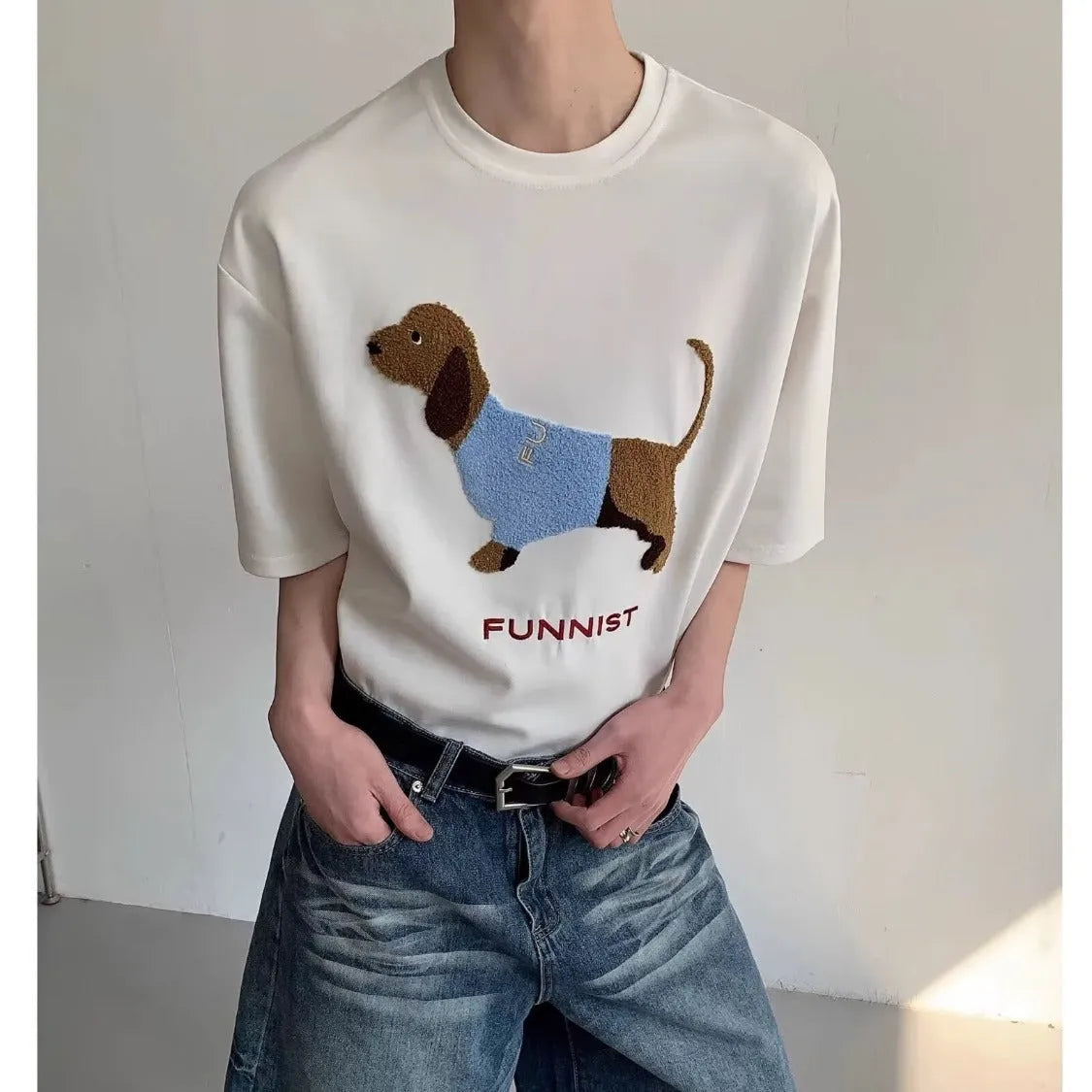 Men's grey T-shirt with embroidered sausage dog design on front, round neck and short sleeves