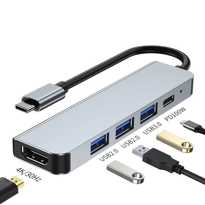 Portable aluminium 6-in-1 USB-C expansion dock for laptops and tablets