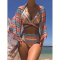 Women's high waist bandage bikini set with cross-back bra and split hem briefs in blue colour