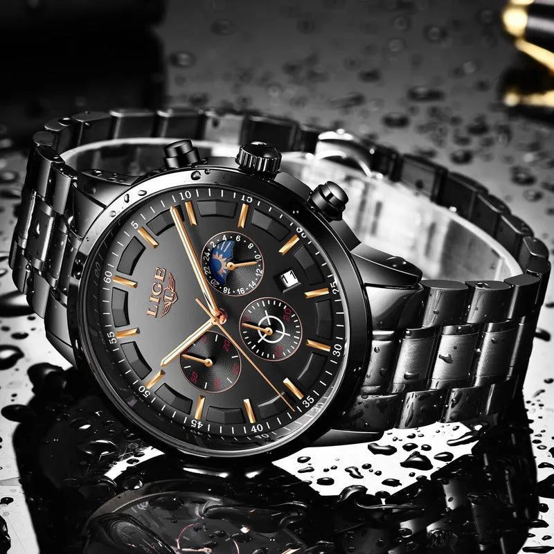 Men's waterproof quartz sports watch in black and rose red gold colour on wrist