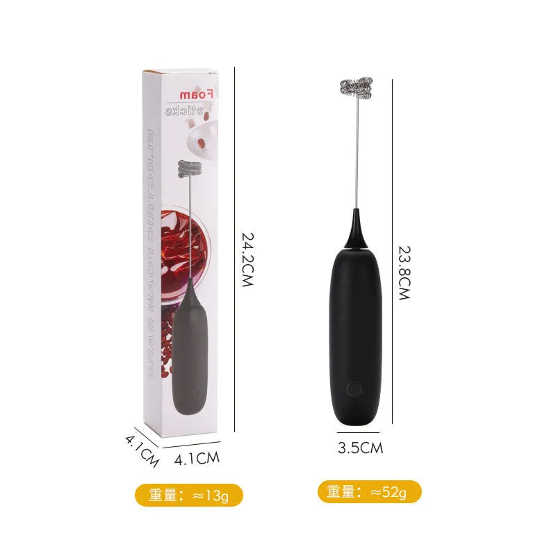Hand-held electric milk frother blender in black or white colour for coffee preparation