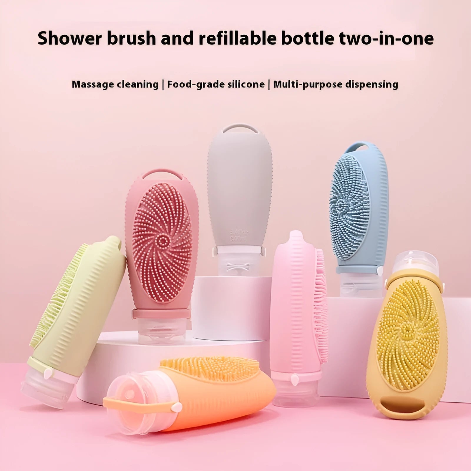 Creative silicone bath brush storage bottle in various colours including pink, sea blue and light grey.