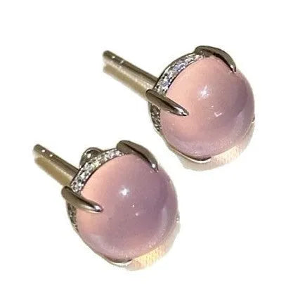 Round egg surface chalcedony stud earrings with four-claw setting in emerald green, pink purple and milk white