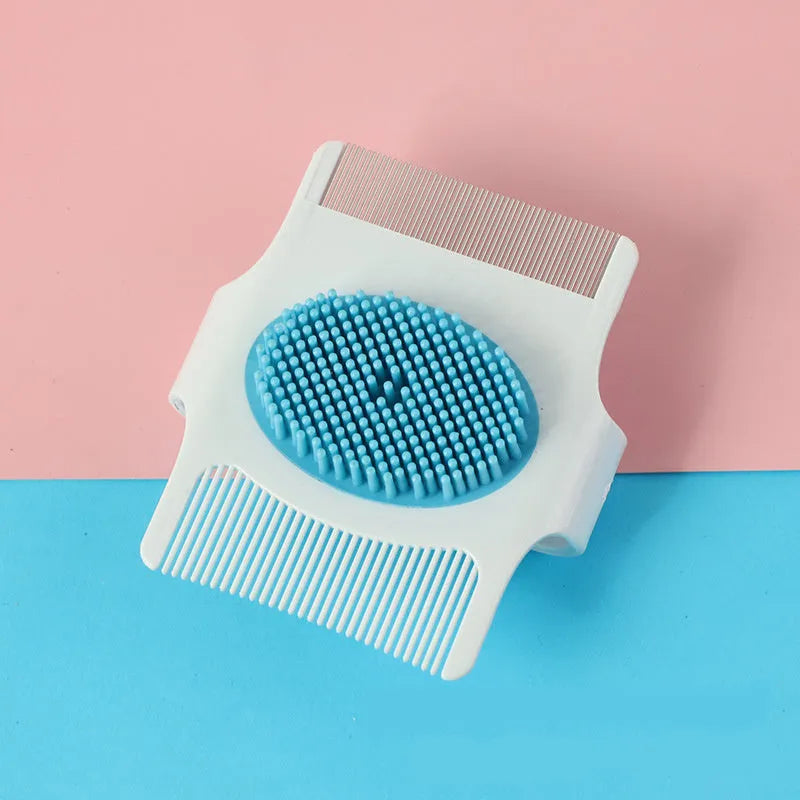 Blue multifunctional pet grooming comb with floating hair removal and massage bristles measuring 8.5cm
