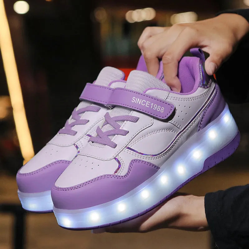 Kids' LED light-up roller skates with rechargeable wheels in pink, showing both two-wheel and four-wheel design options.