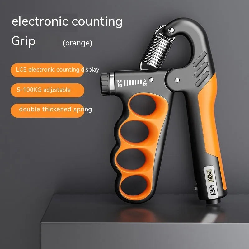 Adjustable electronic count spring grip in orange with digital display for hand strength training.