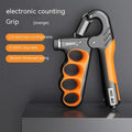 Adjustable electronic count spring grip in orange with digital display for hand strength training.
