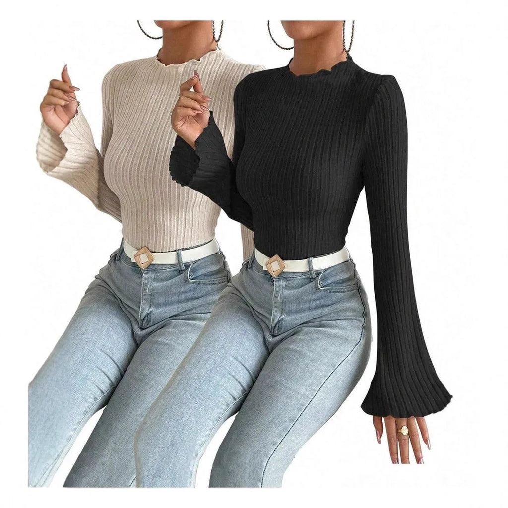 Long sleeve slim fit pullover top with lantern sleeves in black brushed polyester fabric