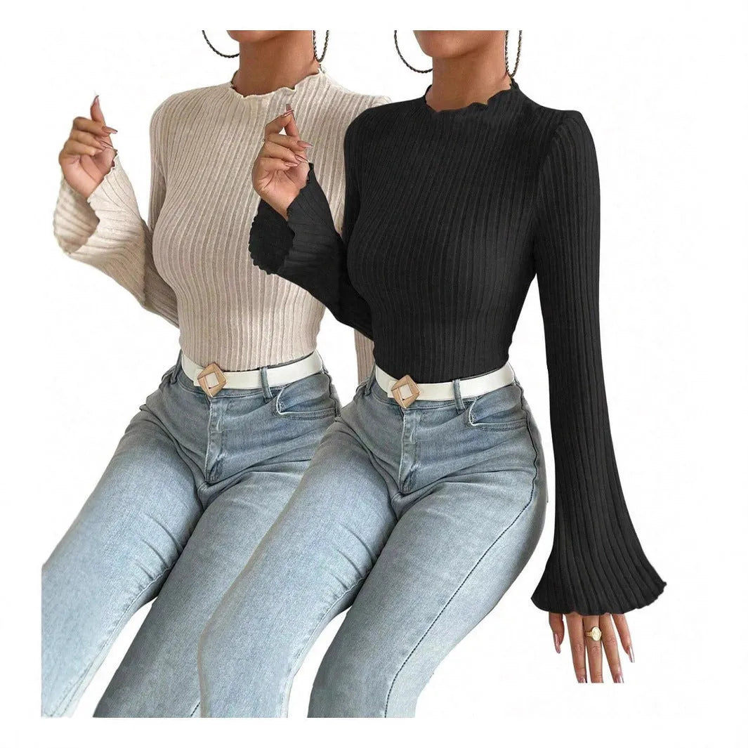 Long sleeve slim fit pullover top with lantern sleeves in black brushed polyester fabric