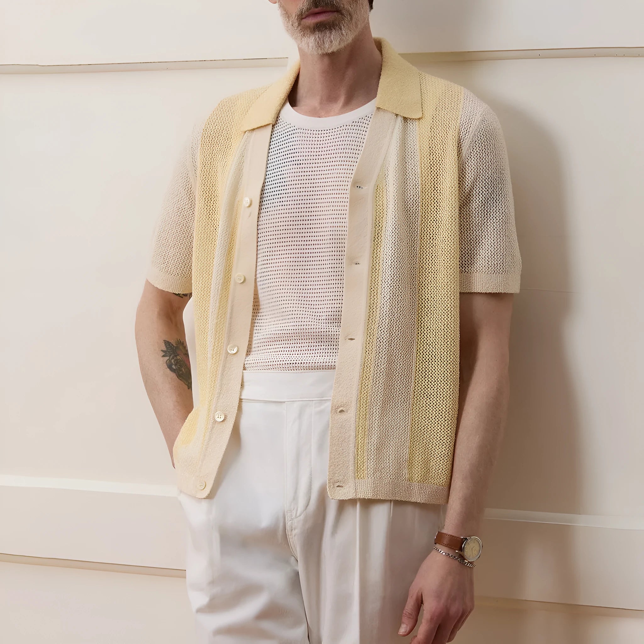 Yellow casual polo shirt with hollow-out detailing and asymmetric design, short sleeves for summer wear