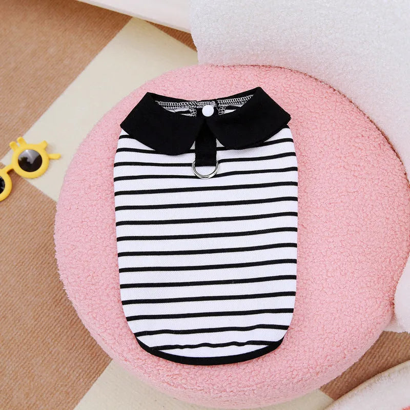Pet dog wearing cotton stripes T-shirt and matching skirt summer outfit set