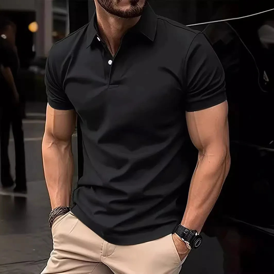 Men's slim fit short sleeve button shirt in a solid colour, showing front button closure.