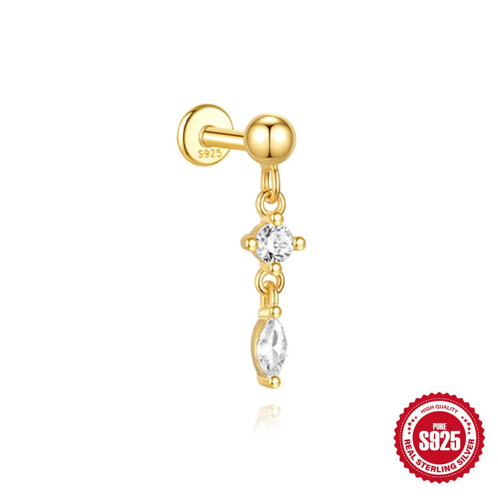 S925 sterling silver water drop earrings with flat spiral puncture detail in gold electroplated finish