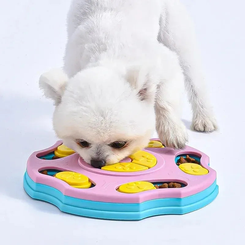 Blue durable plastic dog puzzle toy feeder with interactive food-searching compartments for slow feeding.