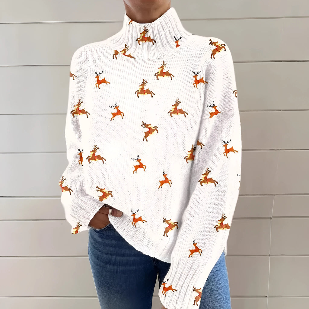 Women's Christmas printed turtleneck sweater in polyester with loose fit and long sleeves