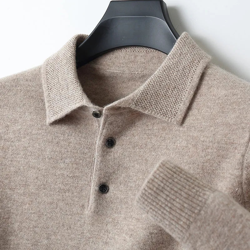 Men's woolen polo collar sweater pullover in black with long sleeves and stitched craft detail