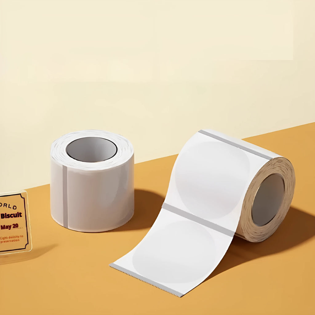 Transparent waterproof adhesive stickers in multiple rectangular and round sizes on thermal synthetic paper