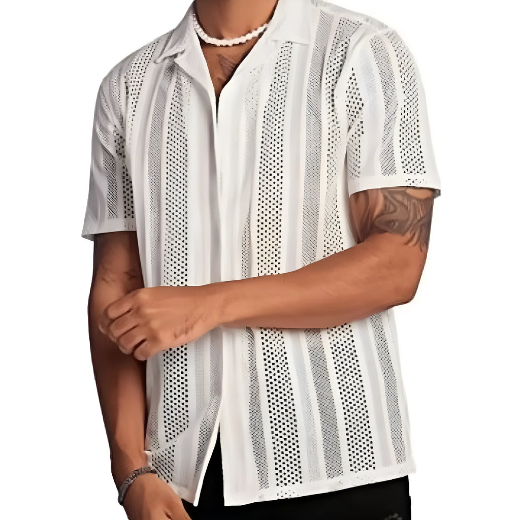Men's white knitted short-sleeve button shirt with jacquard texture and regular fit