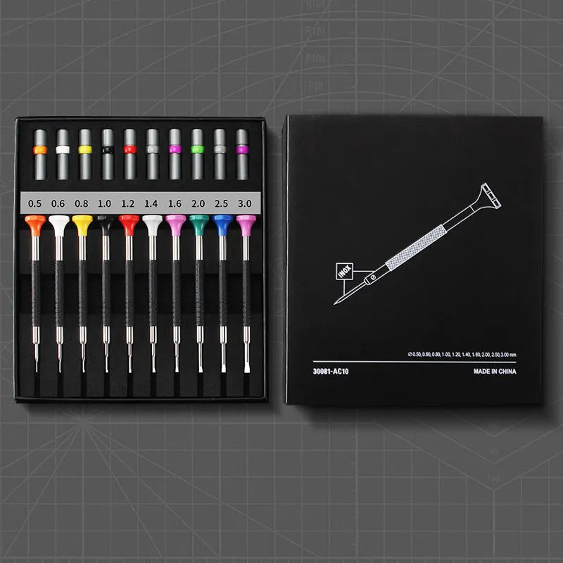 10-piece watch and glasses repair screwdriver set with cross and straight manual screwdrivers and 20 spare drill bits