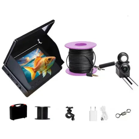 Underwater fish finder camera with 4.3-inch IPS screen, wide-angle lens, and night vision lights on a fishing boat.