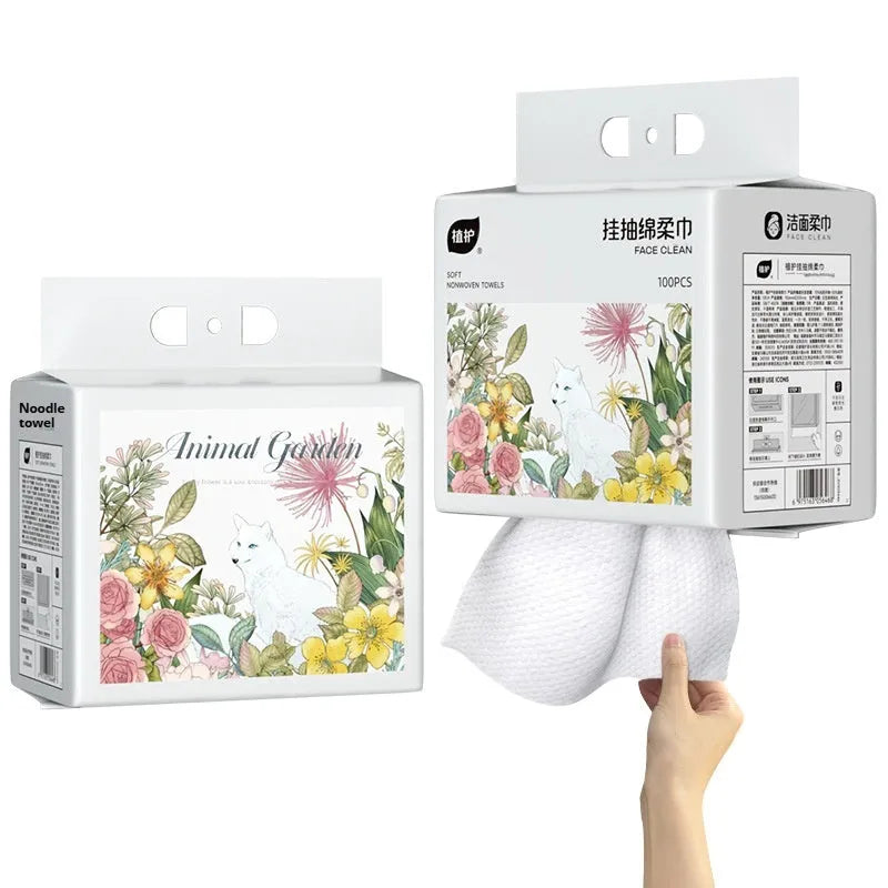 Disposable hanging towel roll with 100 soft towels for facial and body hygiene