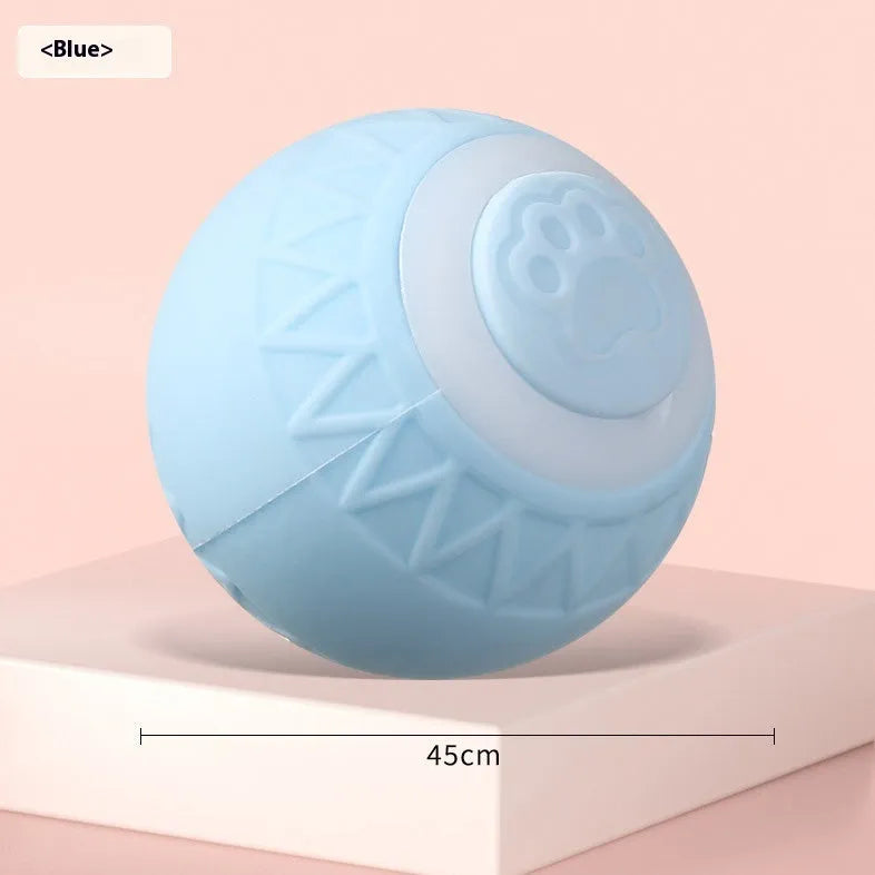 Blue automatic self-moving cat toy ball with rechargeable battery bouncing on floor