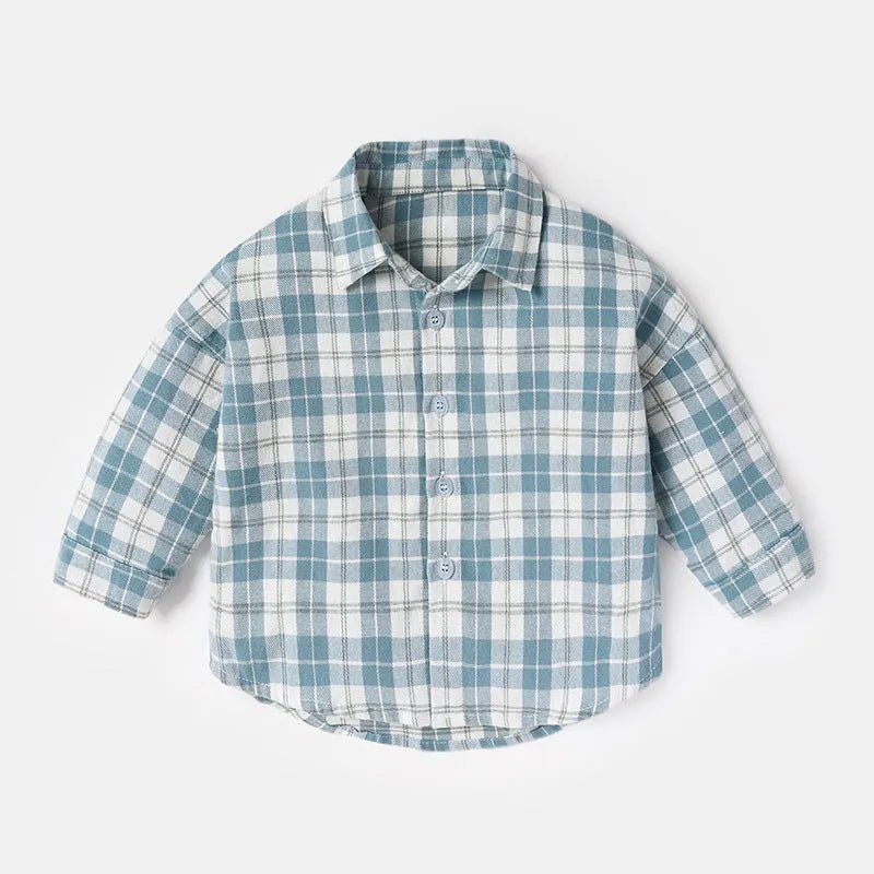 Boy's cotton lattice pattern shirt with long sleeves in khaki colour