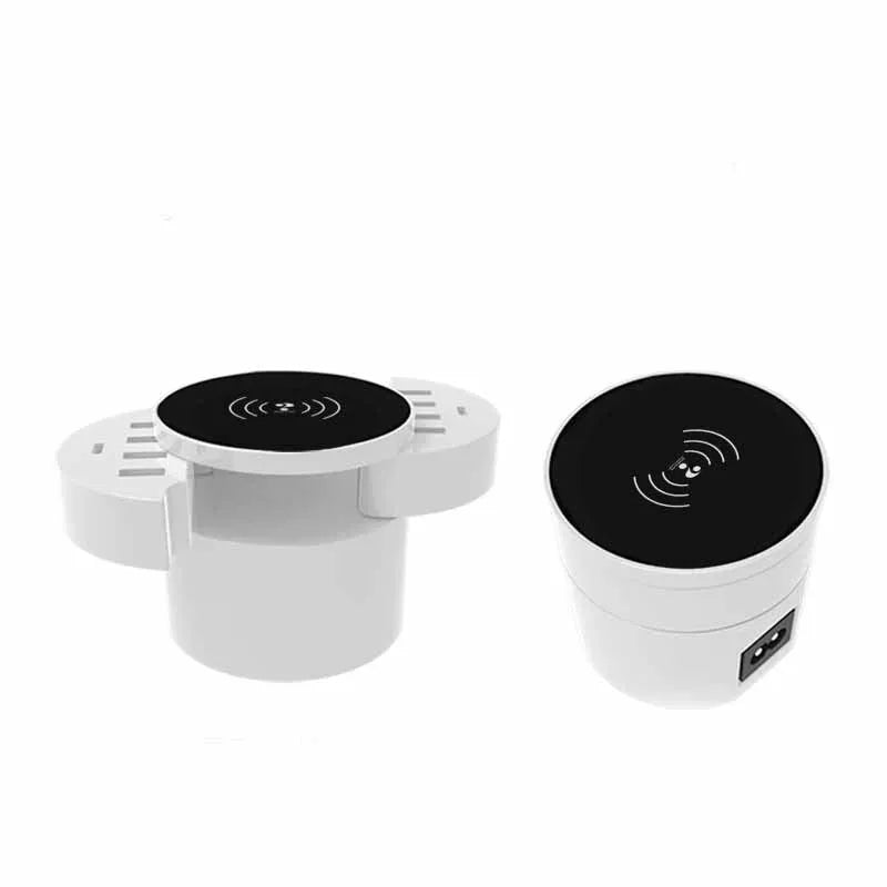 Ceramic white circular wireless smartphone charger with multiple ports and 1.5 metre cable