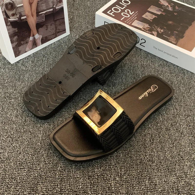 Women's casual flat summer slippers in apricot, black, or khaki with a PVC sole.