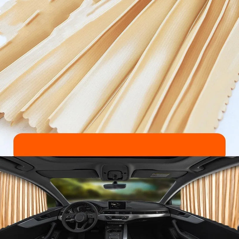 Retractable car sunshade curtain in thick opaque cloth on a roller shutter mechanism