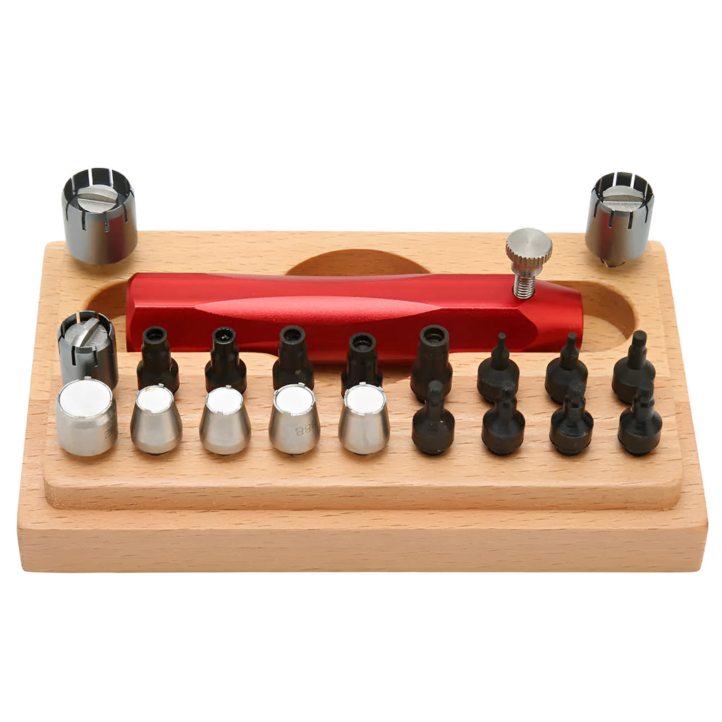 20-piece steel watch repair tool extracting tube open set on a workbench
