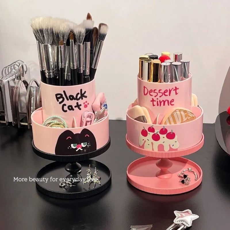 Japanese style rotating cosmetic brush barrel with storage rack in beige colour
