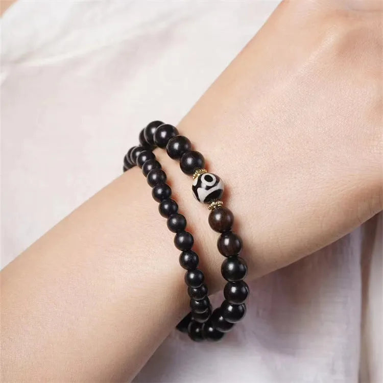 Ebony wooden Tibetan beads bracelet with two circles in 8mm unisex design