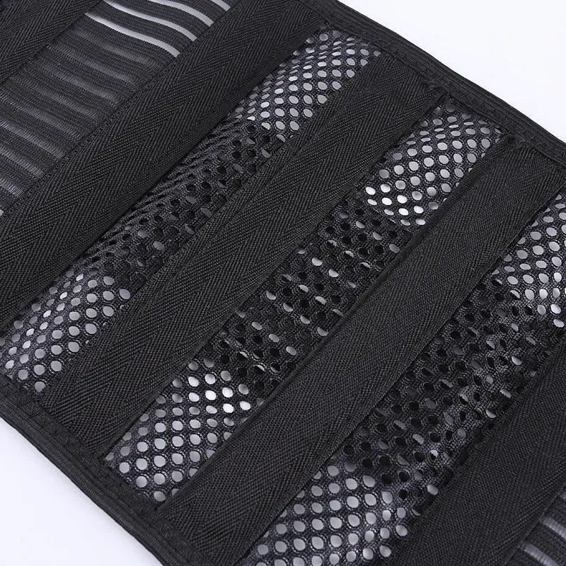 Black breathable sports waist support belt with internal steel plate for lumbar protection, shown on a white background.
