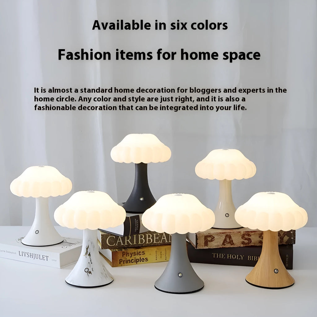 Mushroom shaped touch control rechargeable LED lamp in wood grain colour on table
