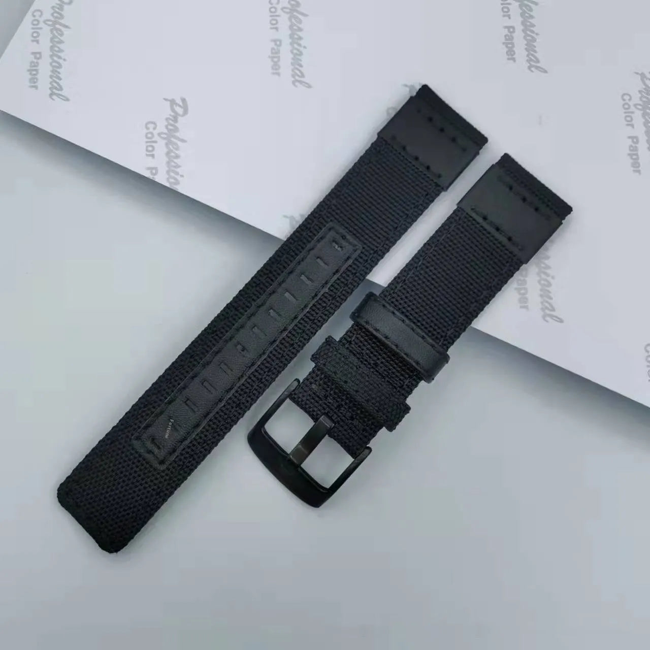 Oxford cloth canvas watch strap in camouflage colour showing short and extended length options for 24mm lug width