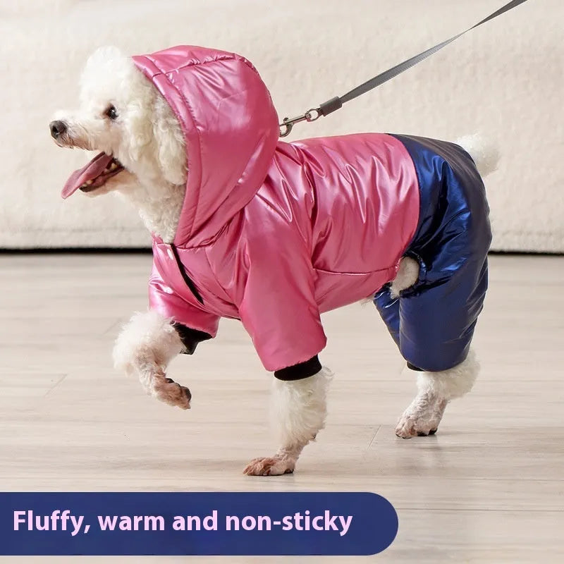 Green waterproof windproof dog coat with four-legged design and cotton padding