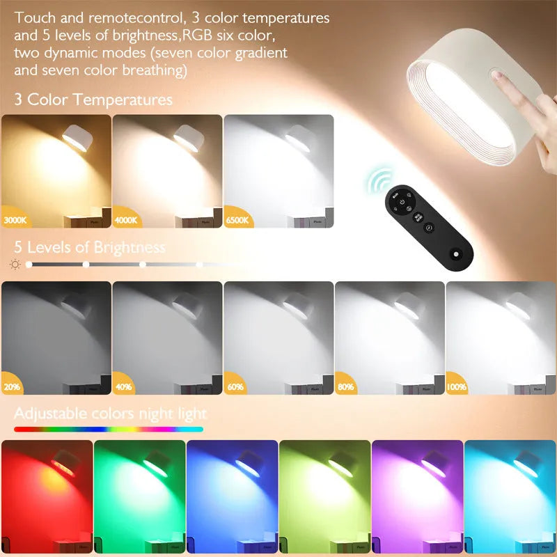 White remote touch magnetic wall lamp with oval light on adhesive mount, showing remote control.
