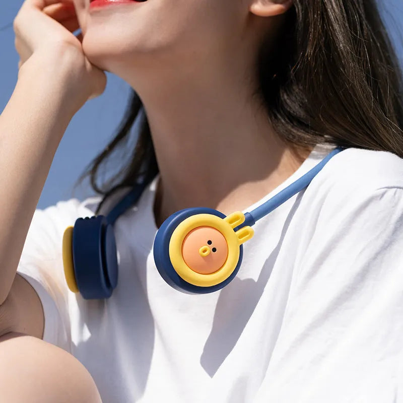 Pink and blue foldable leafless hanging neck fan with USB charging port
